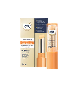 RoC Multi Correxion Revive + Glow Eye Balm with Vitamin C, shown with product packaging highlighting benefits like brightening, depuffing, and reducing dark circles.