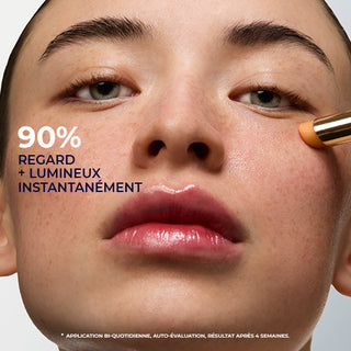 Model applying RoC Revive + Glow Eye Balm under the eye, with text stating '90% brighter-looking eyes instantly' in French.